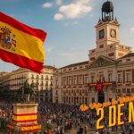 Ilustración histórica del 2 de mayo en Madrid con monumentos emblemáticos