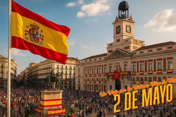 Ilustración histórica del 2 de mayo en Madrid con monumentos emblemáticos