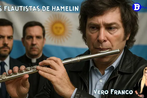 Ilustración simbólica de los flautistas de Hamelín guiando al pueblo hacia lo desconocido