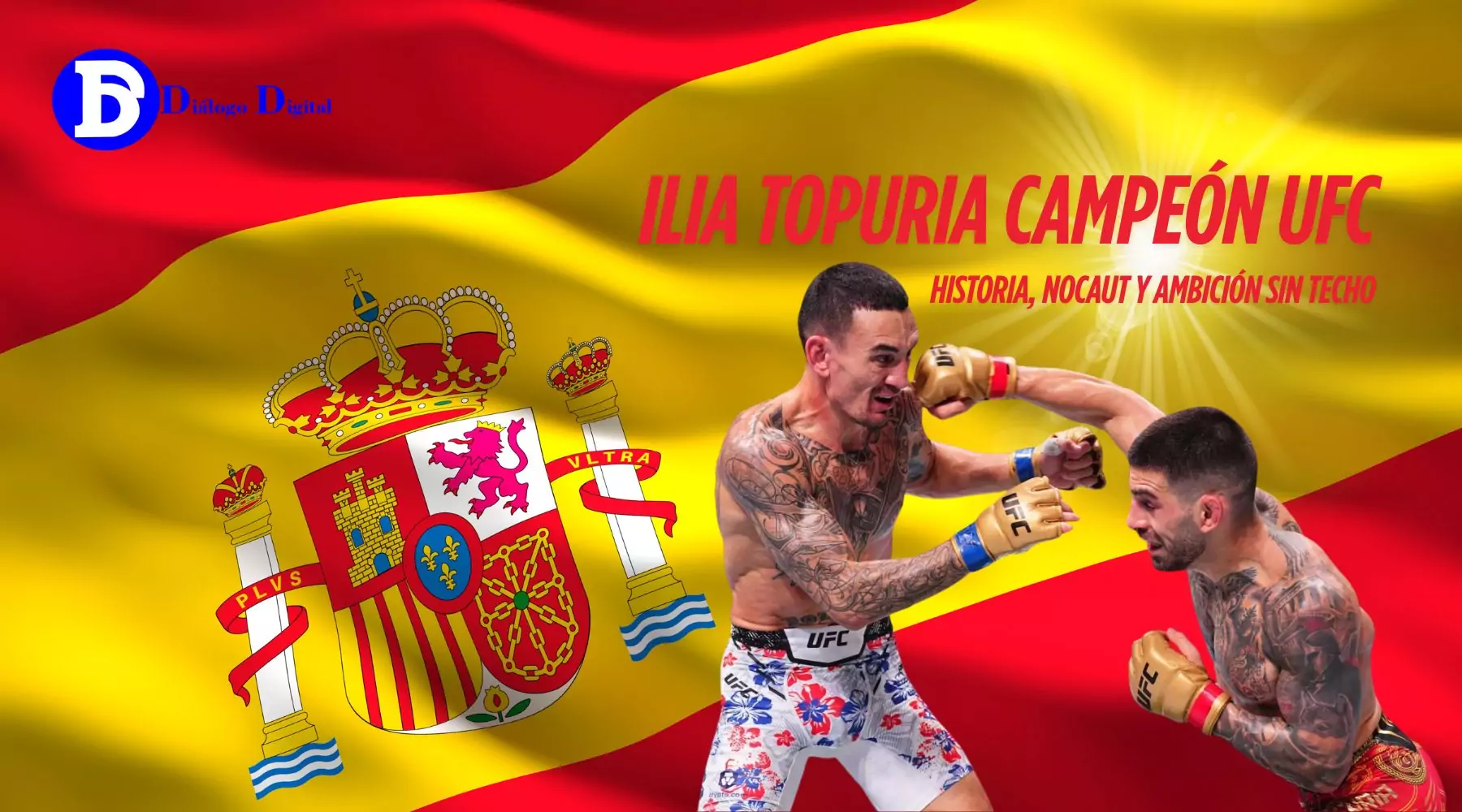 Ilia Topuria celebra como campeón UFC con dos cinturones tras vencer a Oliveira