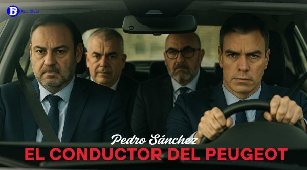 Montaje realista de Pedro Sánchez y la corrupción, conduciendo un coche con implicados en la corrupción del PSOE