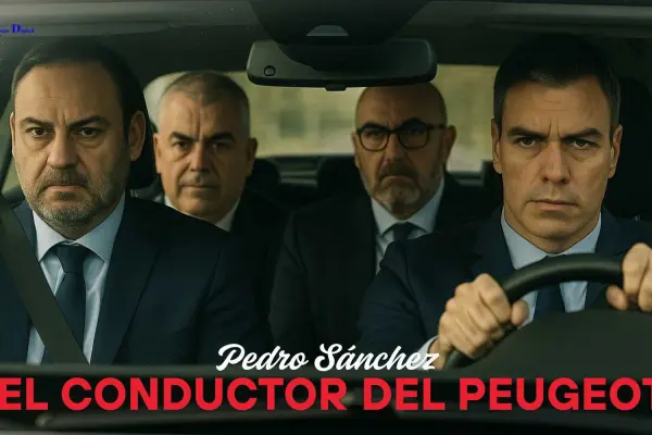Montaje realista de Pedro Sánchez y la corrupción, conduciendo un coche con implicados en la corrupción del PSOE