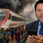 Caos ferroviario. un Tren averiado echando humo, pasajeros andando por las vías y Óscar Puente usando el móvil