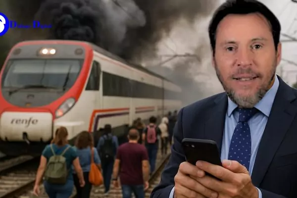 Caos ferroviario. un Tren averiado echando humo, pasajeros andando por las vías y Óscar Puente usando el móvil
