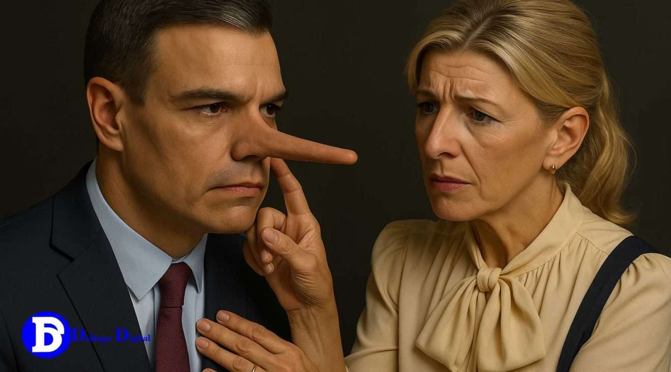 Corrupción del PSOE. Imagen de Yolanda Díaz cuidando la nariz de Sánchez