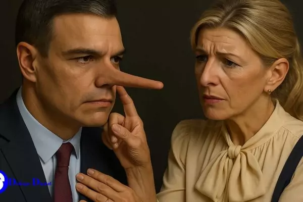 Corrupción del PSOE. Imagen de Yolanda Díaz cuidando la nariz de Sánchez