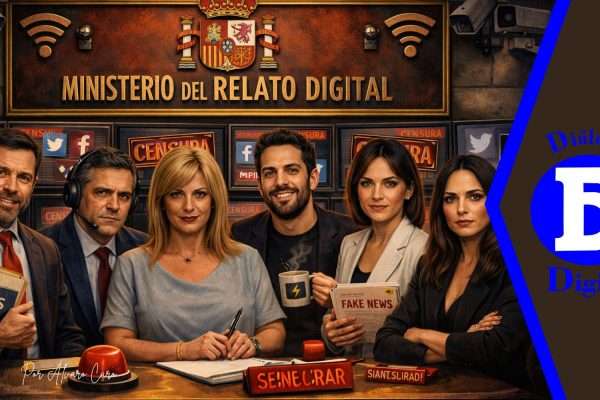 Ilustración satírica sobre el control digital del Gobierno para vigilar y censurar redes sociales en España