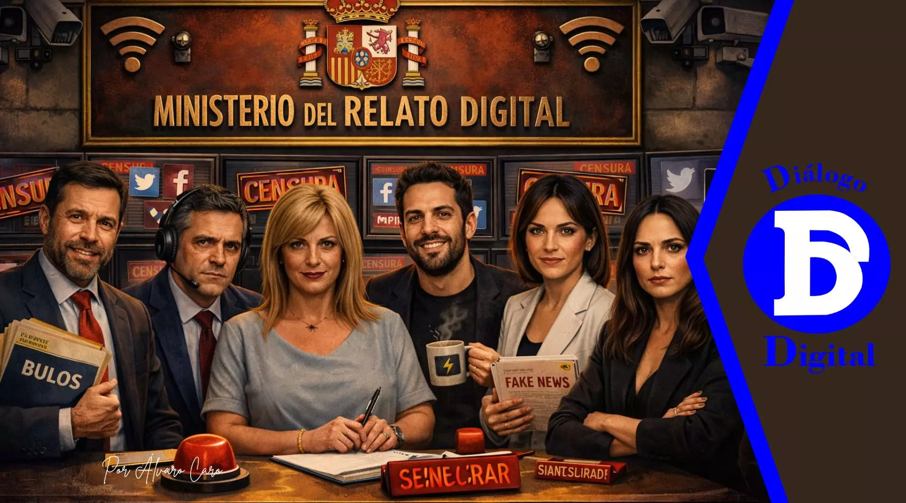 Ilustración satírica sobre el control digital del Gobierno para vigilar y censurar redes sociales en España