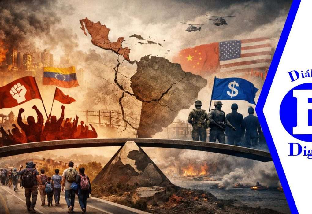 Mapa conceptual de la inestabilidad política en Latinoamérica con división ideológica, crisis económica y tensión geopolítica entre Estados Unidos y China.