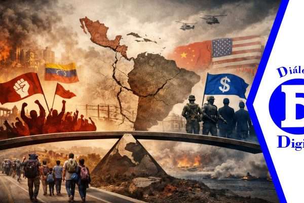 Mapa conceptual de la inestabilidad política en Latinoamérica con división ideológica, crisis económica y tensión geopolítica entre Estados Unidos y China.