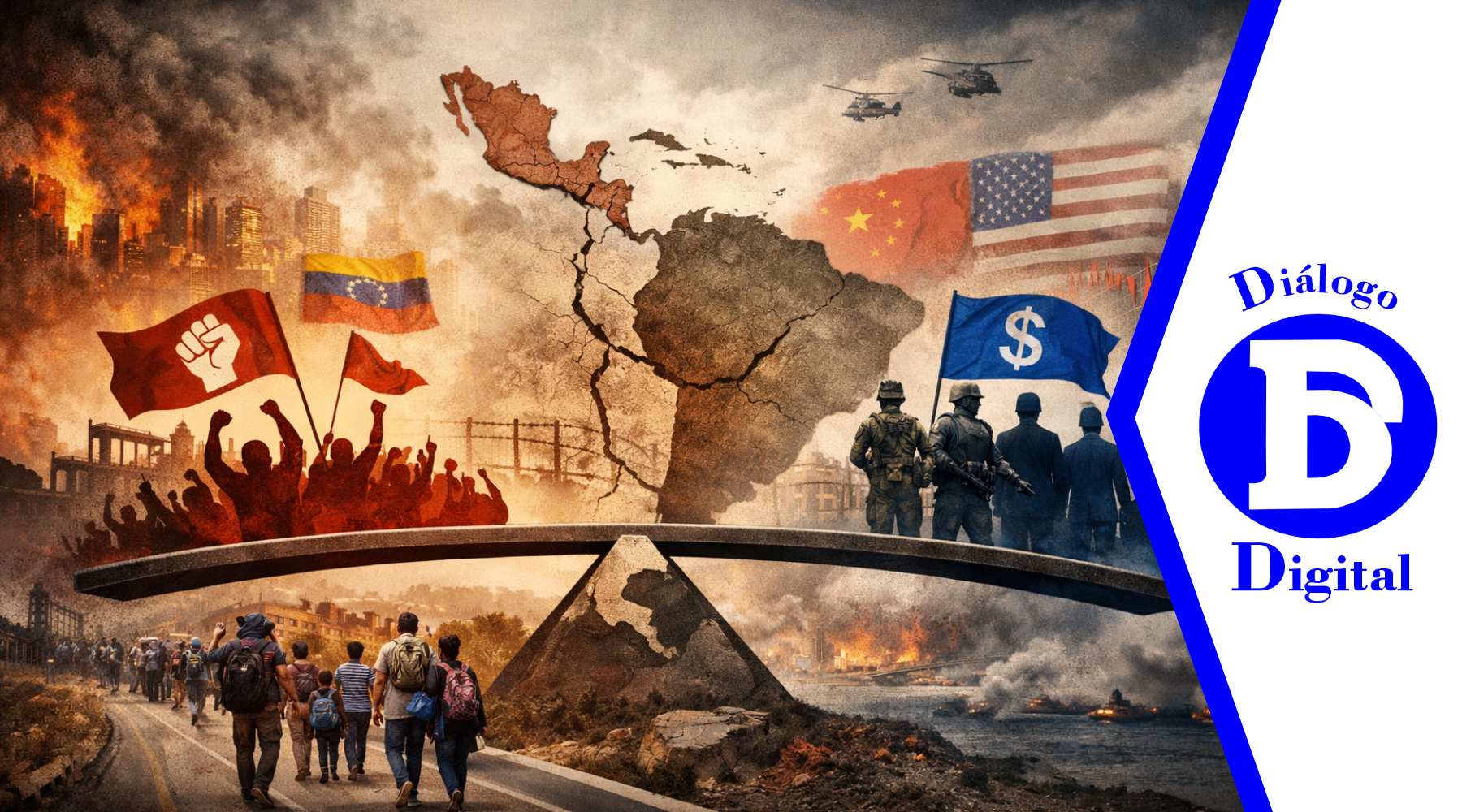 Mapa conceptual de la inestabilidad política en Latinoamérica con división ideológica, crisis económica y tensión geopolítica entre Estados Unidos y China.