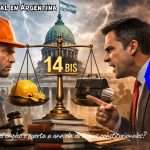 Ilustración conceptual sobre la reforma laboral en Argentina con balanza del artículo 14 bis enfrentando a trabajador y empresario frente al Congreso.