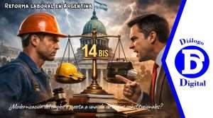 Ilustración conceptual sobre la reforma laboral en Argentina con balanza del artículo 14 bis enfrentando a trabajador y empresario frente al Congreso.