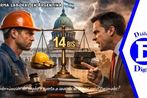 Ilustración conceptual sobre la reforma laboral en Argentina con balanza del artículo 14 bis enfrentando a trabajador y empresario frente al Congreso.