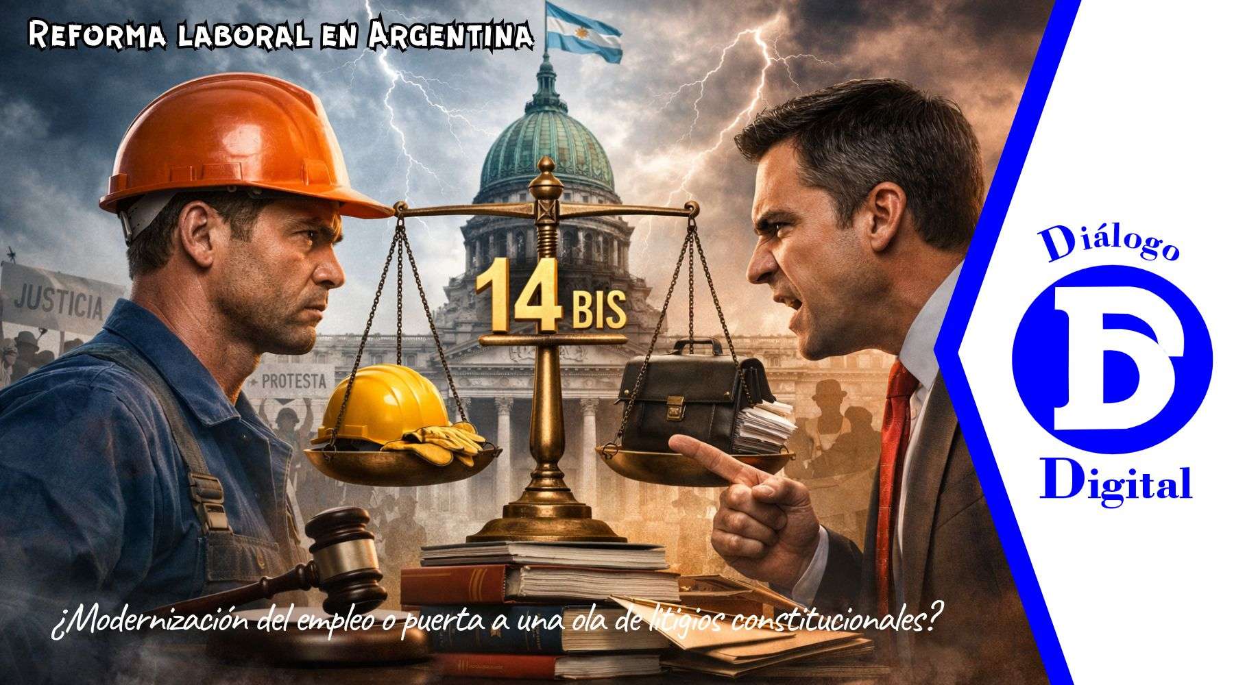 Ilustración conceptual sobre la reforma laboral en Argentina con balanza del artículo 14 bis enfrentando a trabajador y empresario frente al Congreso.