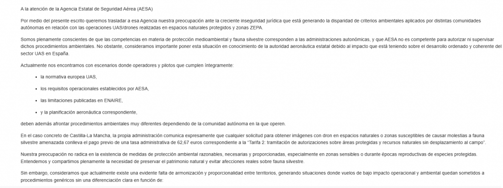 Email enviado a AESA sobre Drones ZEPA: las políticas de Page convierten el vuelo de drones en un nuevo peaje administrativo