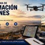Imagen promocional sobre la formación de drones en España con dron en vuelo, mapa ENAIRE Drones, piloto UAS y referencia a normativa y seguridad operacional.