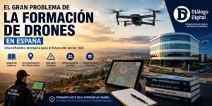 Imagen promocional sobre la formación de drones en España con dron en vuelo, mapa ENAIRE Drones, piloto UAS y referencia a normativa y seguridad operacional.