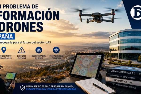 Imagen promocional sobre la formación de drones en España con dron en vuelo, mapa ENAIRE Drones, piloto UAS y referencia a normativa y seguridad operacional.
