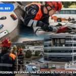 Imagen aérea del centro XTART Formación Profesional en Arganda del Rey con alumnos realizando prácticas de emergencias y rescate en un amplio campo operativo con vehículos y zonas de simulación.