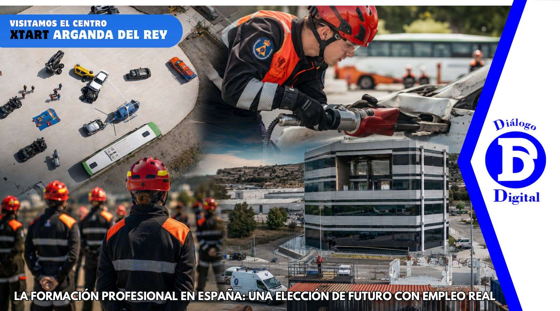 Imagen aérea del centro XTART Formación Profesional en Arganda del Rey con alumnos realizando prácticas de emergencias y rescate en un amplio campo operativo con vehículos y zonas de simulación.