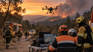 Drones en seguridad y emergencias durante un operativo contra un incendio forestal.