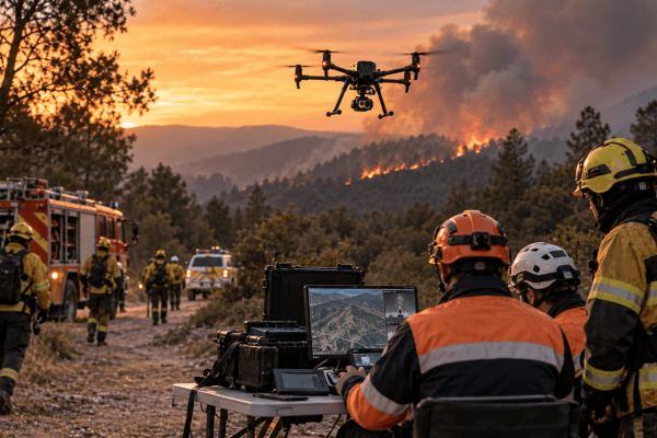Drones en seguridad y emergencias durante un operativo contra un incendio forestal.